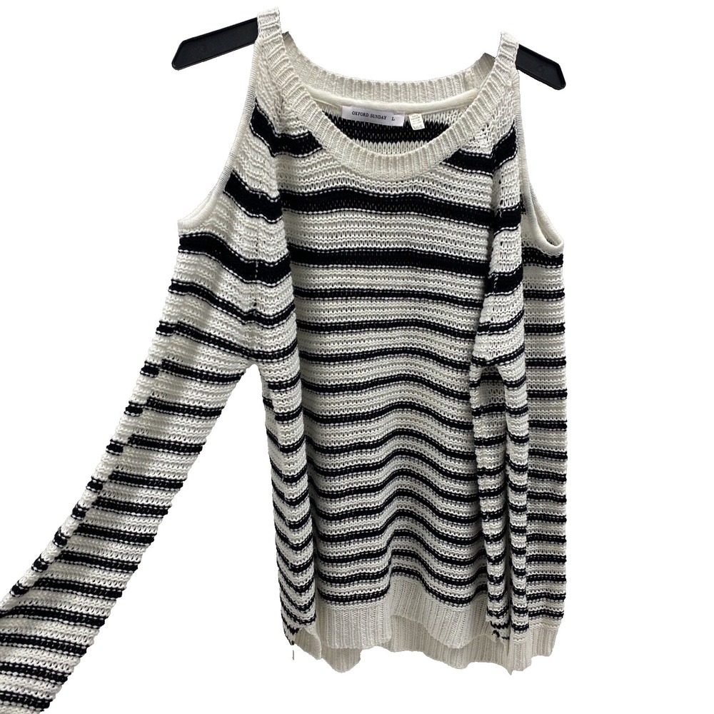 Oxford Sunday Womens L Pullover Sweater Black White striped Cold shoulder